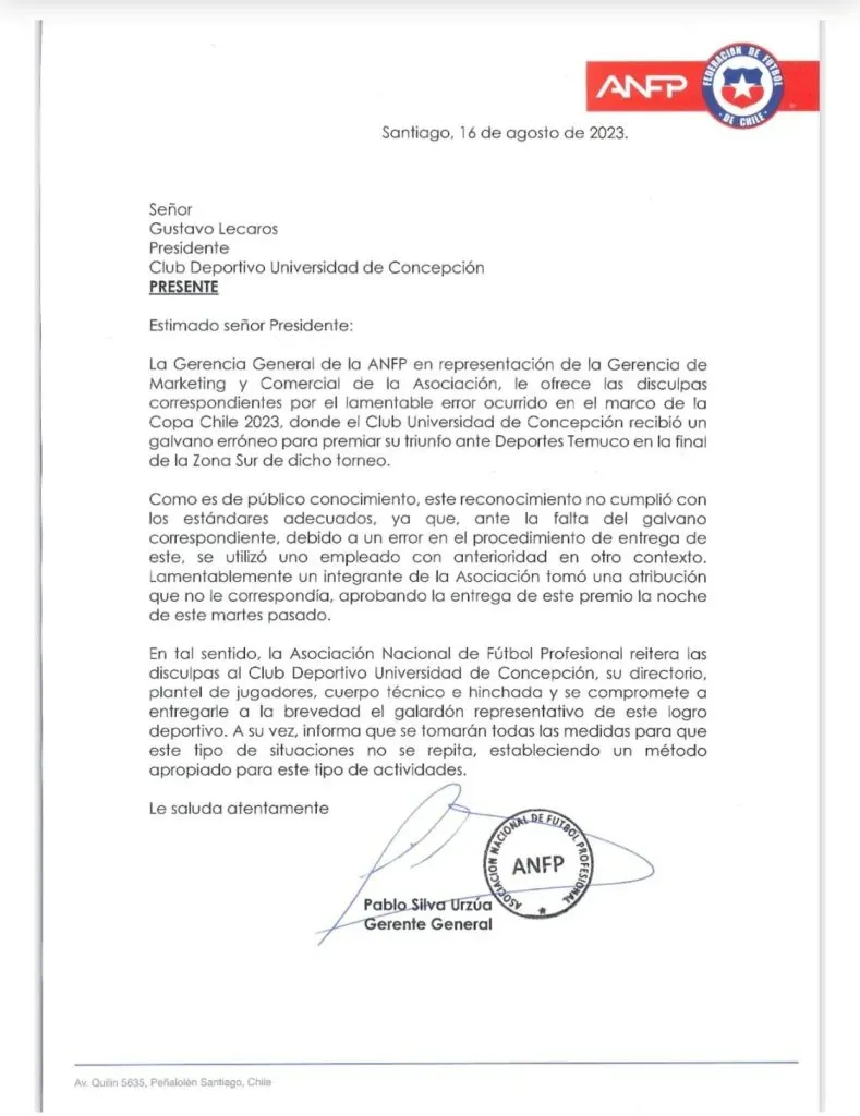 Carta de la ANFP a Universidad de Concepción (@carlosicampos)