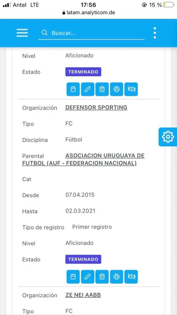 El primer registro de Alan Saldivia en la Asociación Uruguaya de Fútbol. (Captura).