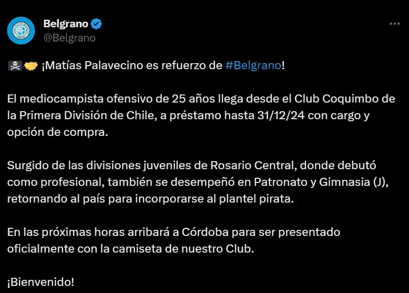 Captura Twitter Belgrano de Córdoba.