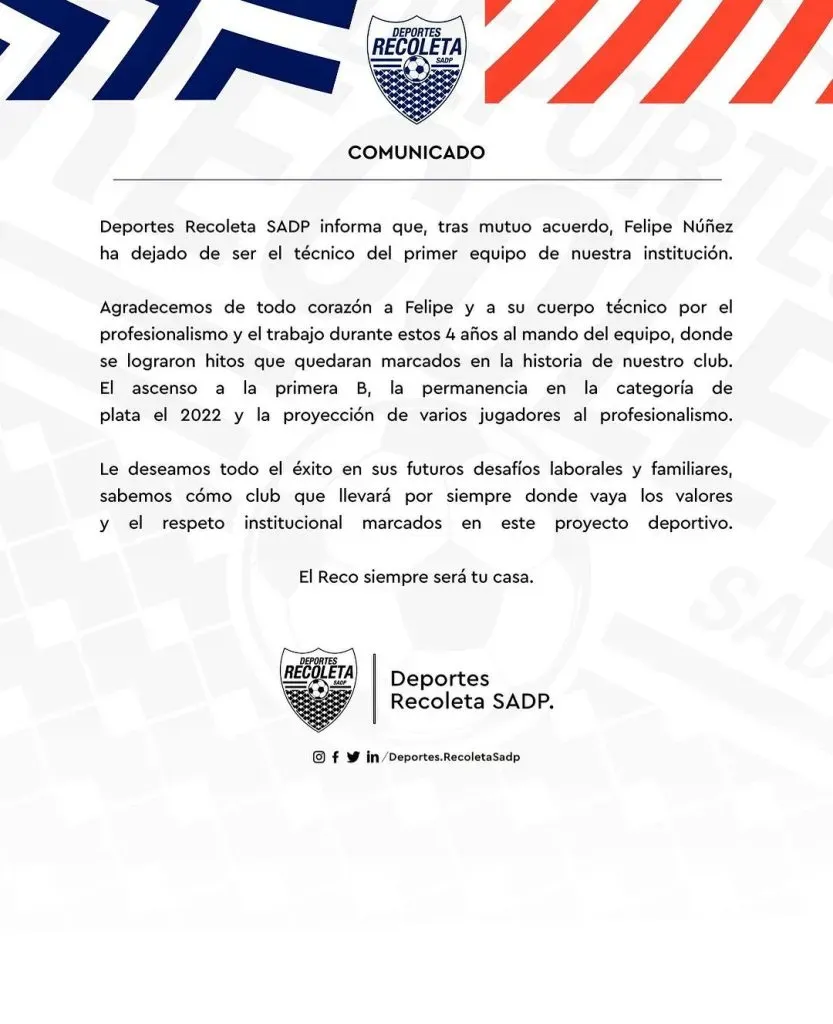 Recoleta se quedó sin DT en la Primera B.