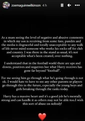 El comunicado de la madre de Harry Maguire en Instagram. | Foto: Captura.