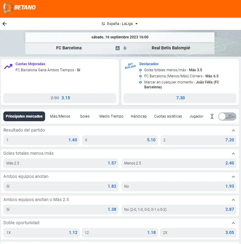 Algunas de las cuotas para el partido entre FC Barcelona vs Real Betis por La Liga de España. Foto: Betano.