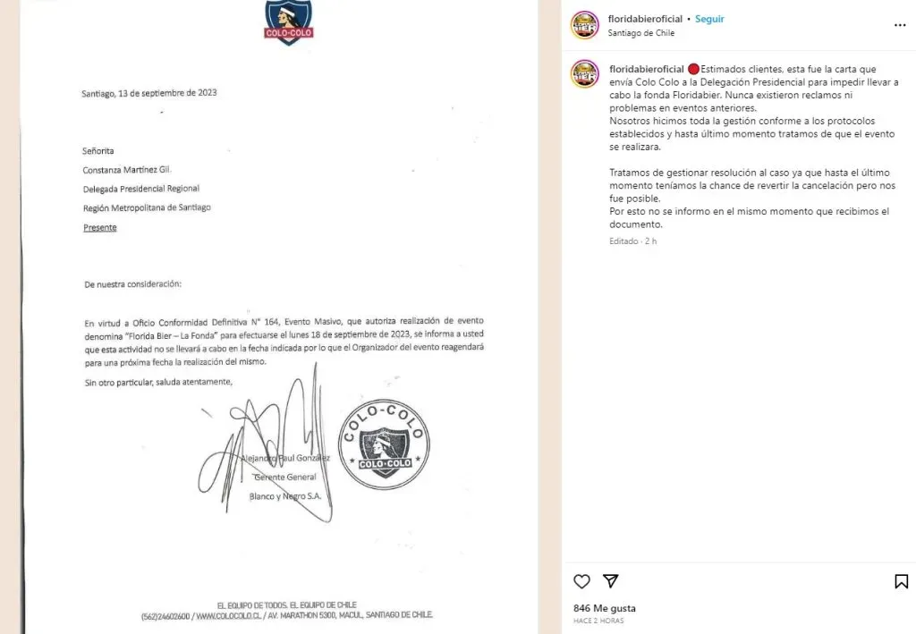Carta de Colo Colo informando que no se podrá utilizar el Estadio Monumental para la fonda Florida Bier | Foto: Instagram @floridabieroficial