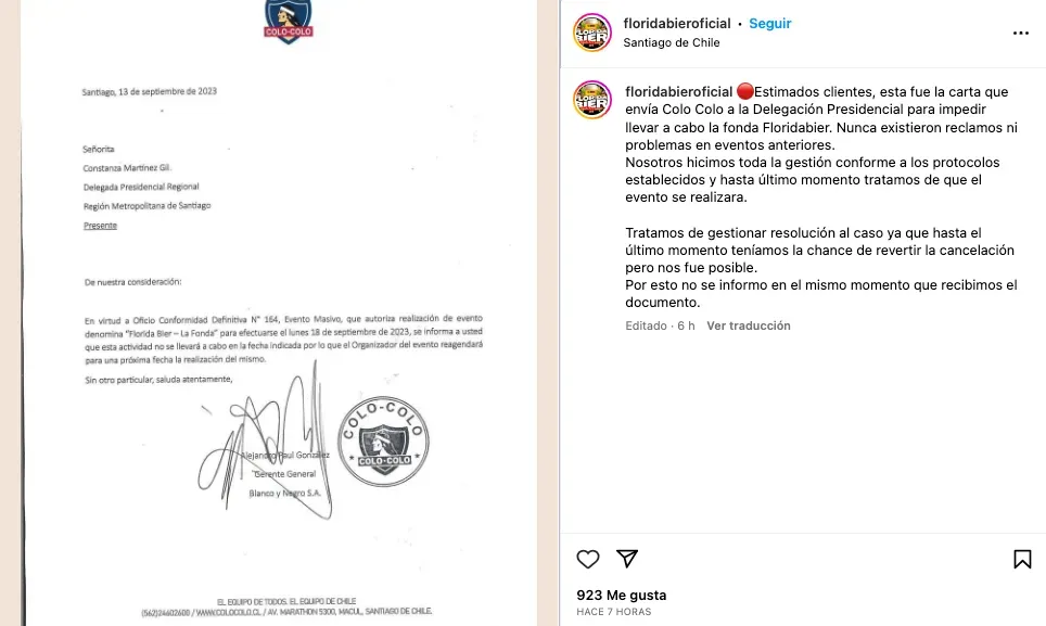 El comunicado del evento tras el portazo de Colo Colo. Foto: Instagram.