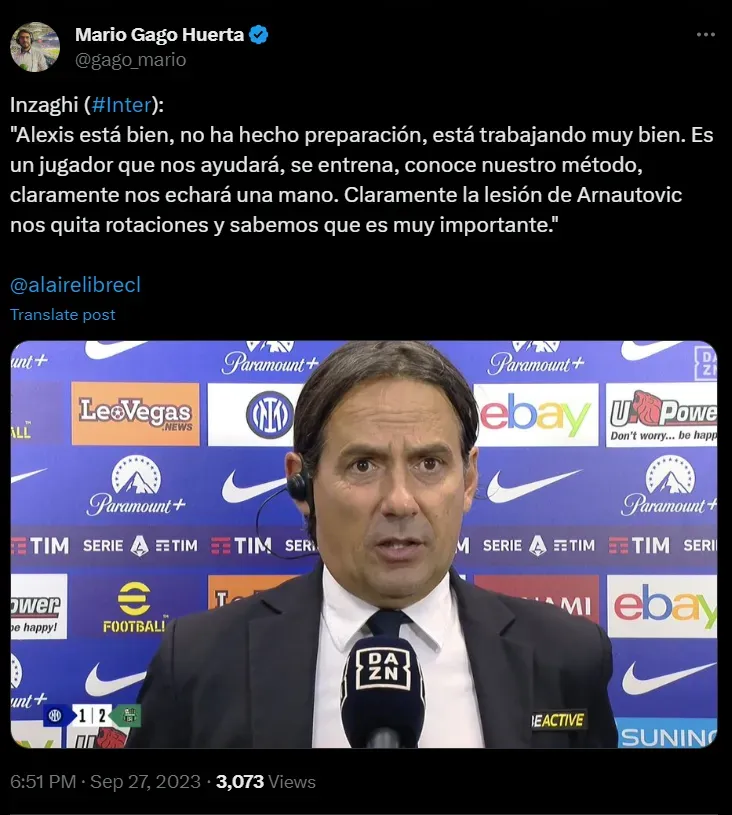 El periodista español Mario Gago rescató declaraciones de Simone Inzaghi sobre Alexis Sánchez. (Captura Twitter).