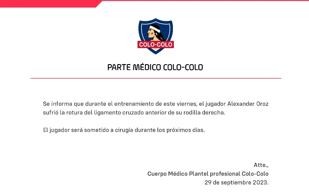Comunicado por lesión de Alexander Oroz (Colo Colo)