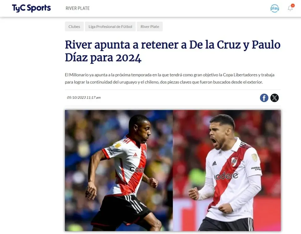 La información sobre el futuro de Paulo Díaz en TyC Sports (Captura)