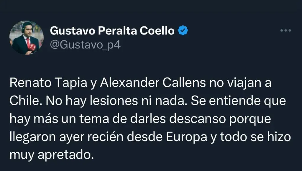 Gustavo Peralta Coello informa las bajas de Callens y Tapia para el duelo ante la Roja. (Captura Twitter).