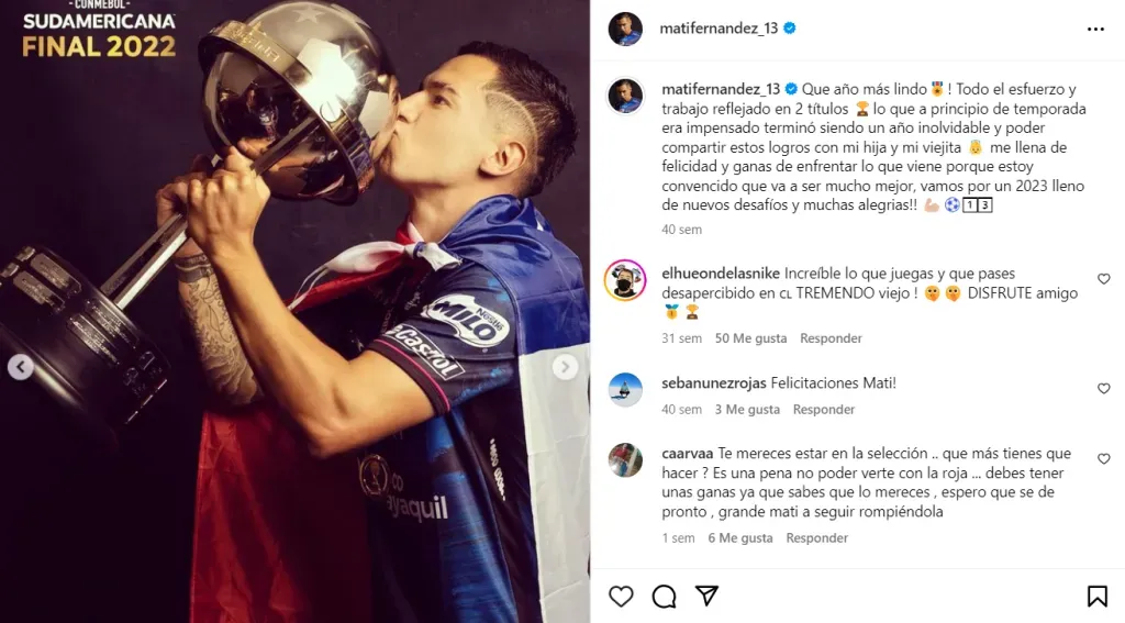 Matías Fernández celebra el título de la Copa Sudamericana 2022 que ganó junto a Independiente del Valle. (Captura Instagram).
