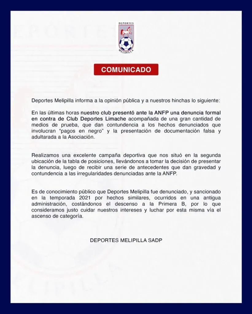El comunicado oficial por denuncia a Limache (@deportesmelipilla)