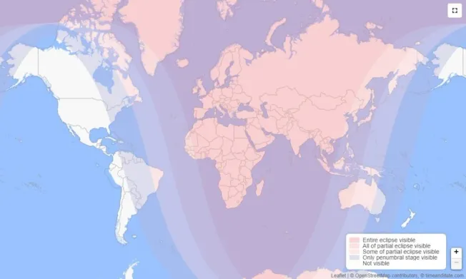 Mapa que muestra las zonas donde el eclipse de 28 de octubre será visible | Foto: timeanddate.com