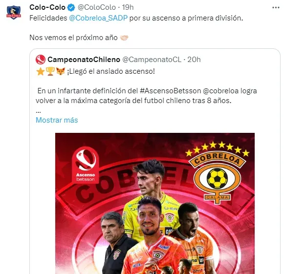 El saludo de Colo Colo al ascendido Cobreloa.
