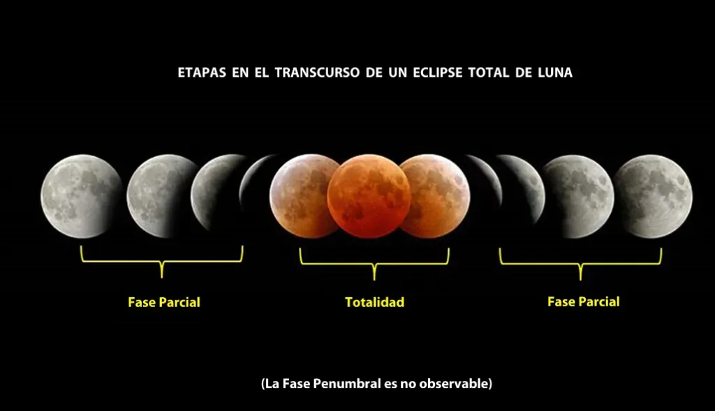Tipos de eclipses lunares y sus fases (Fuente: Planetario Montevideo)