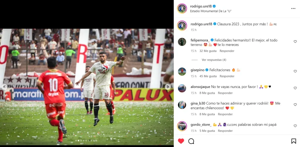 El cariño de Felipe Mora a Rodrigo Ureña por el título en Universitario. (Captura Instagram).
