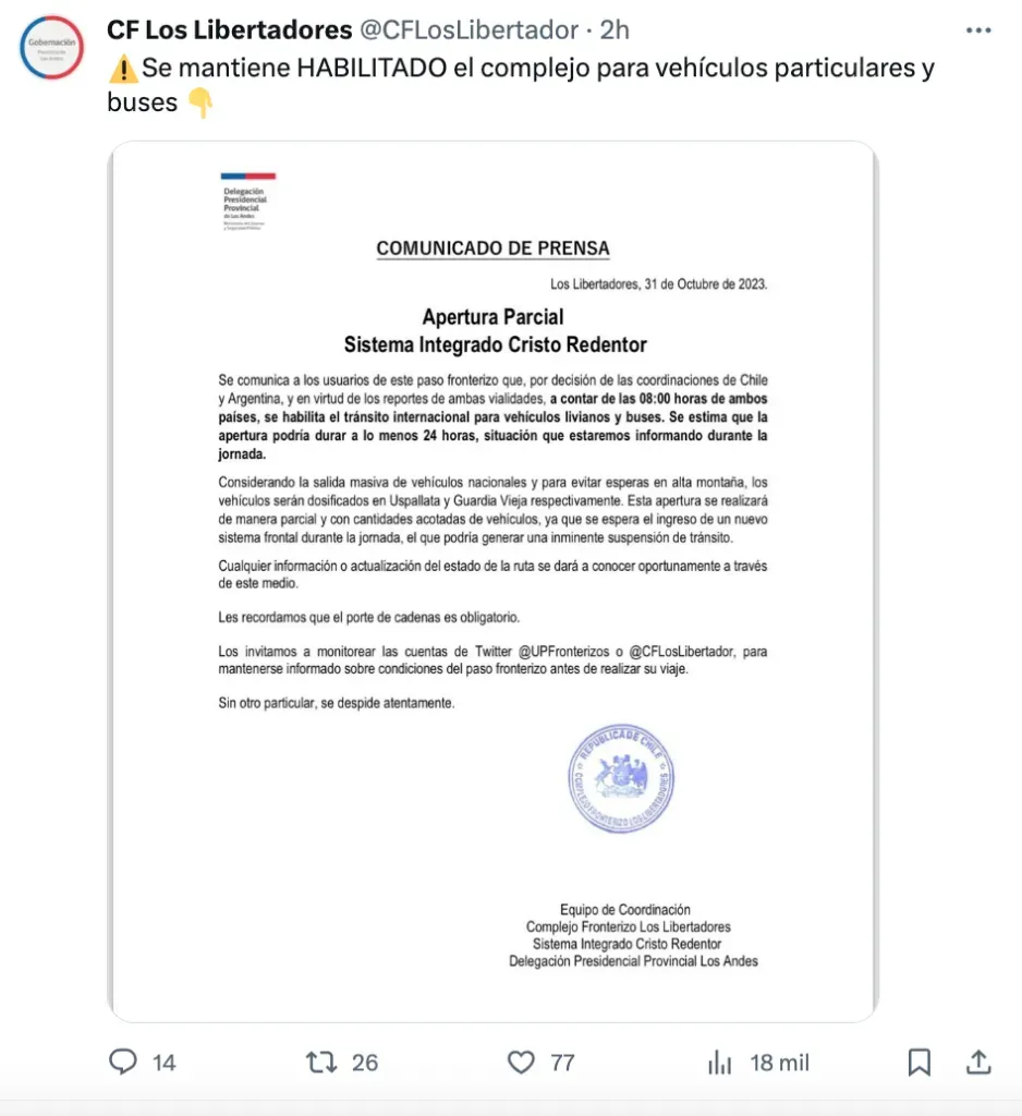 Reapertura parcial del Paso Los Libertadores