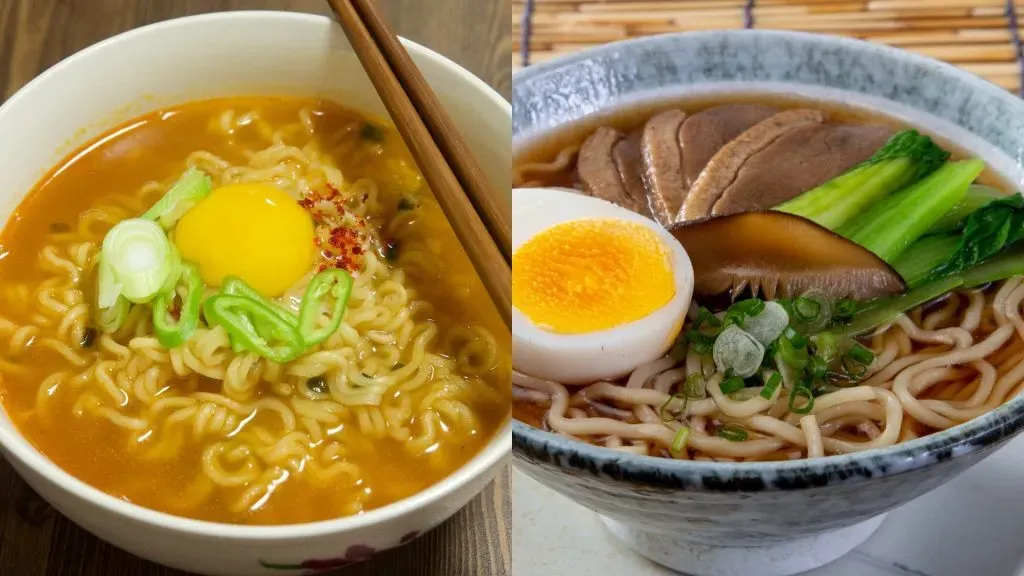 Ramen coreano a la izquiera vs. ramen japonés a la derecha