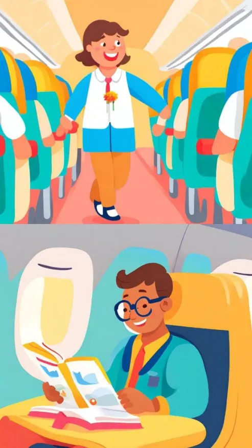 En la imagen de arriba una chica camina por el pasillo de un avión para  para mejorar la circulación y evitar el entumecimiento. Abajo, un chico lee un libro para que el tiempo pase más rápido.