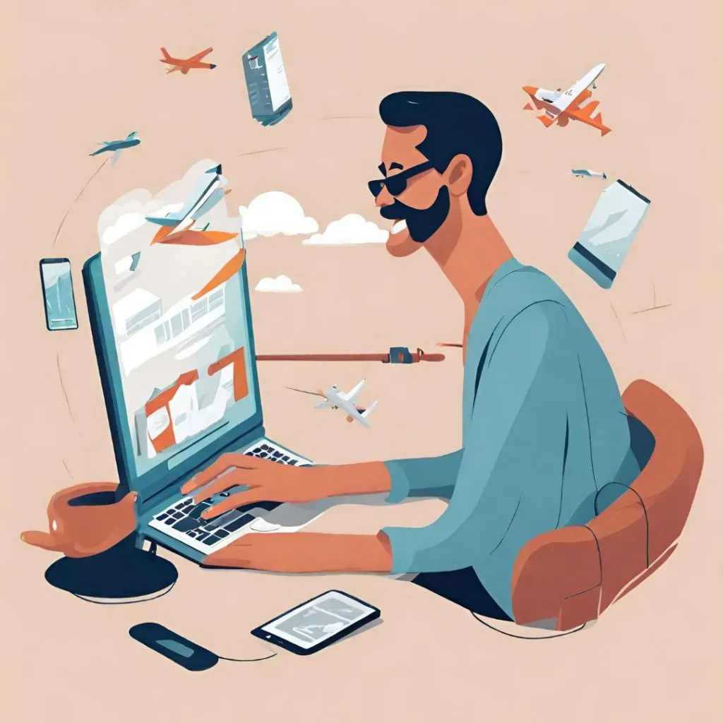 Ilustración de una persona sentada frente a su computador, buscando vuelos baratos en internet.