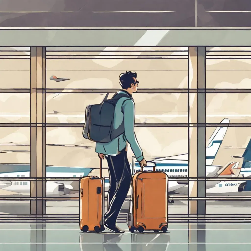 Persona saliendo del aeropuerto cargando sus maletas.