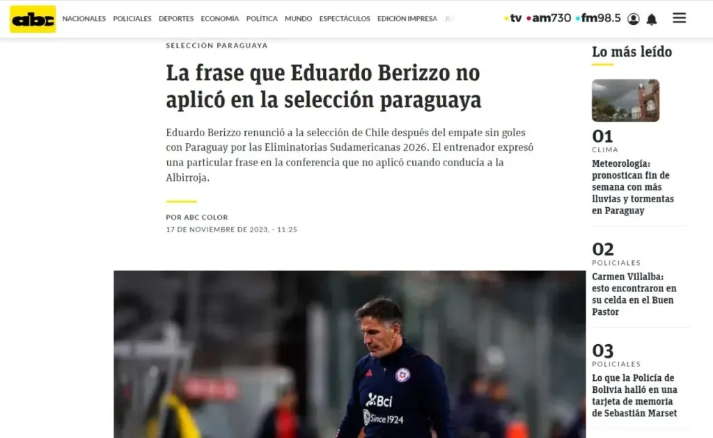ABC Color de Paraguay sobre la renuncia de Berizzo (Captura)