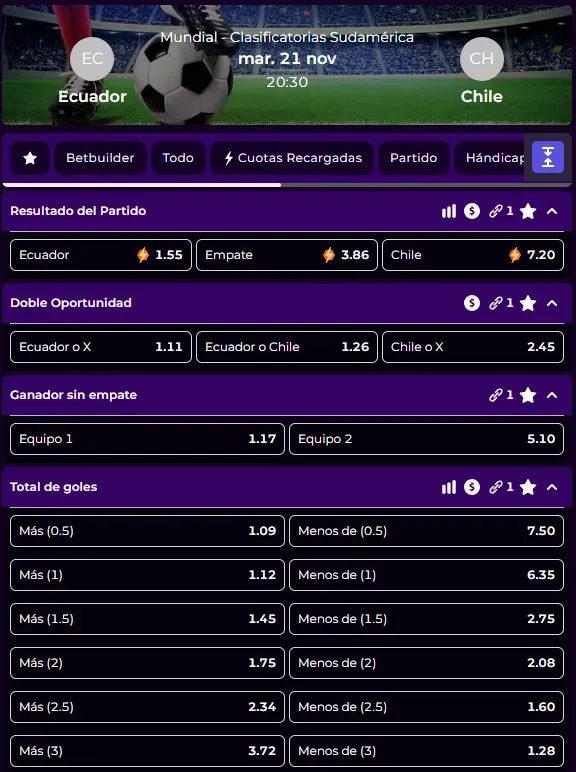 Algunas de las cuotas para Ecuador vs Chile por las Eliminatorias Sudamericanas junto a Estelarbet. Foto: Estelarbet.
