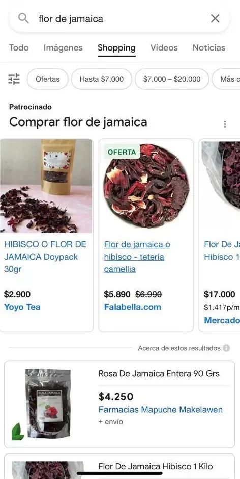 Pantallazo de una búsqueda de Flor de Jamaica en Google Shopping.