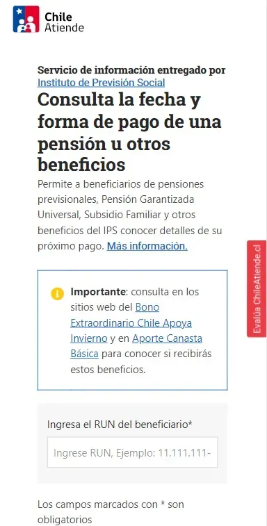 Plataforma de ChileAtiende para consultar la fecha y forma de pago de beneficios