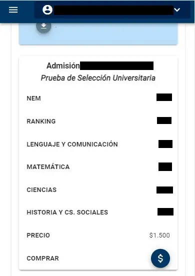 Captura de pantalla de la plataforma para consultar el puntaje PAES del año pasado o incluso versiones anteriores