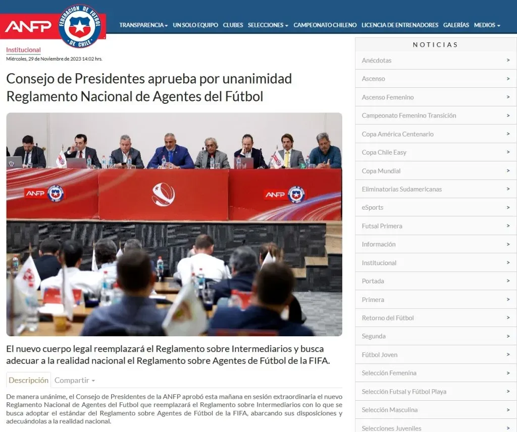 El anuncio oficial del nuevo Reglamento Nacional de Agentes del Fútbol (ANFP)