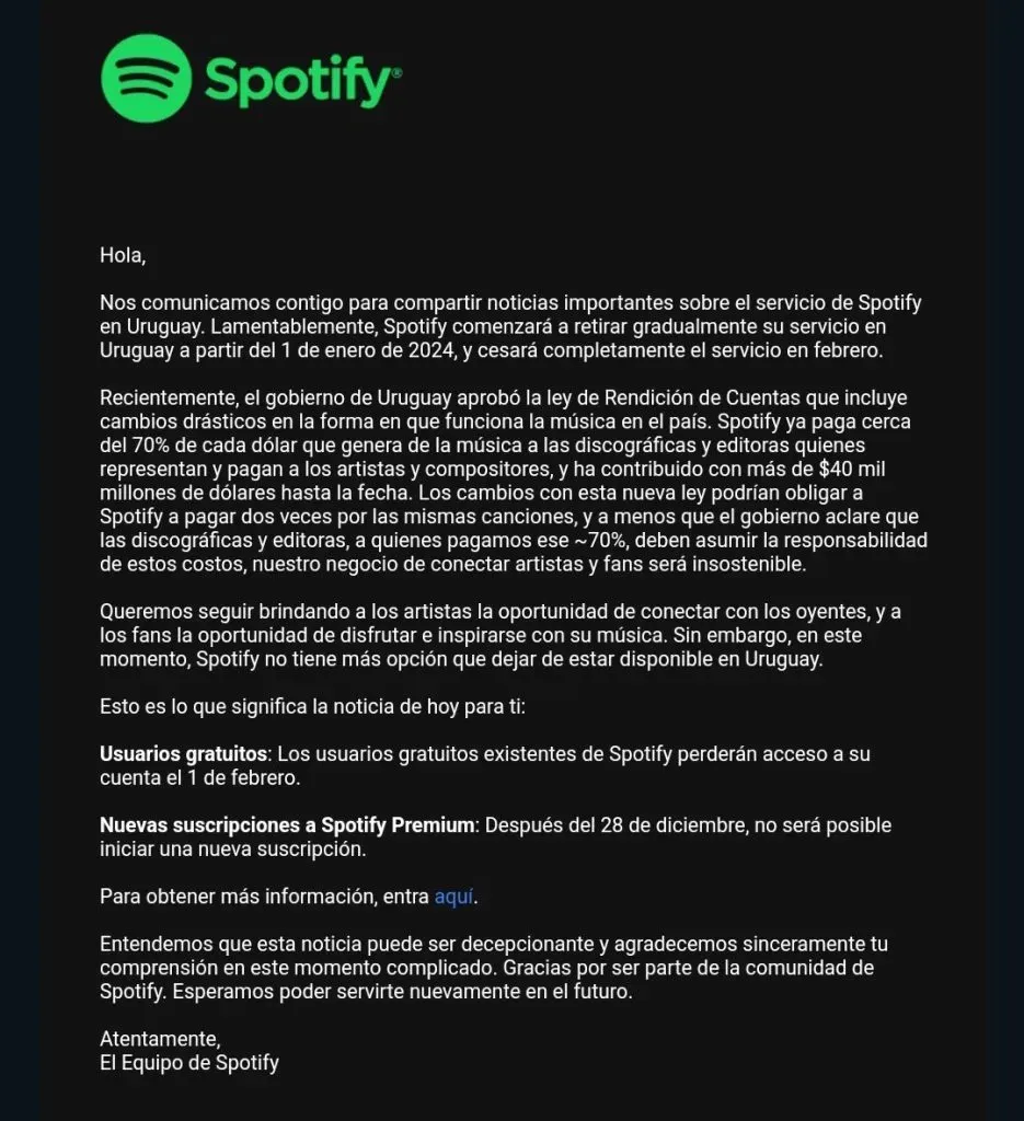 El comunicado de Spotify