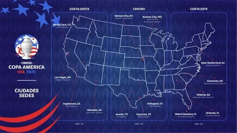 El mapa de las ciudades sedes que recibirán la Copa América 2024 en Estados Unidos. | Foto: Conmebol