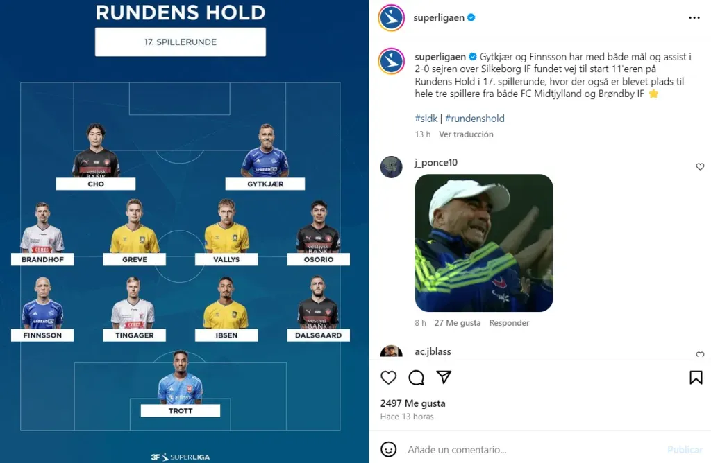 La oncena ideal de la 17° fecha de la Superliga de Dinamarca. (Captura Instagram).