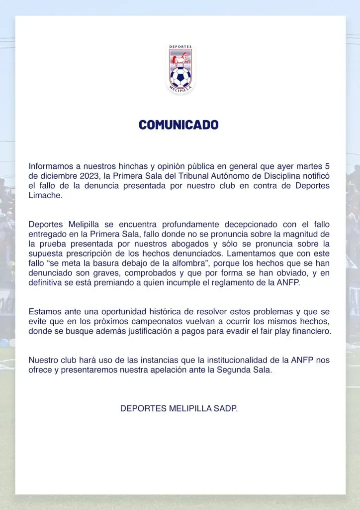 El comunicado donde anuncia la apelación al fallo del Tribunal de Disciplina (@cdmelipilla)