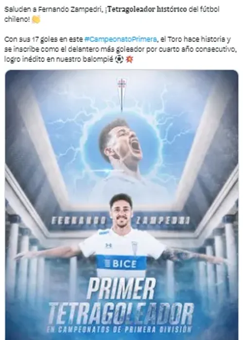 La publicación de Universidad Católica le dedicó a Fernando Zampedri. | Foto: Captura.