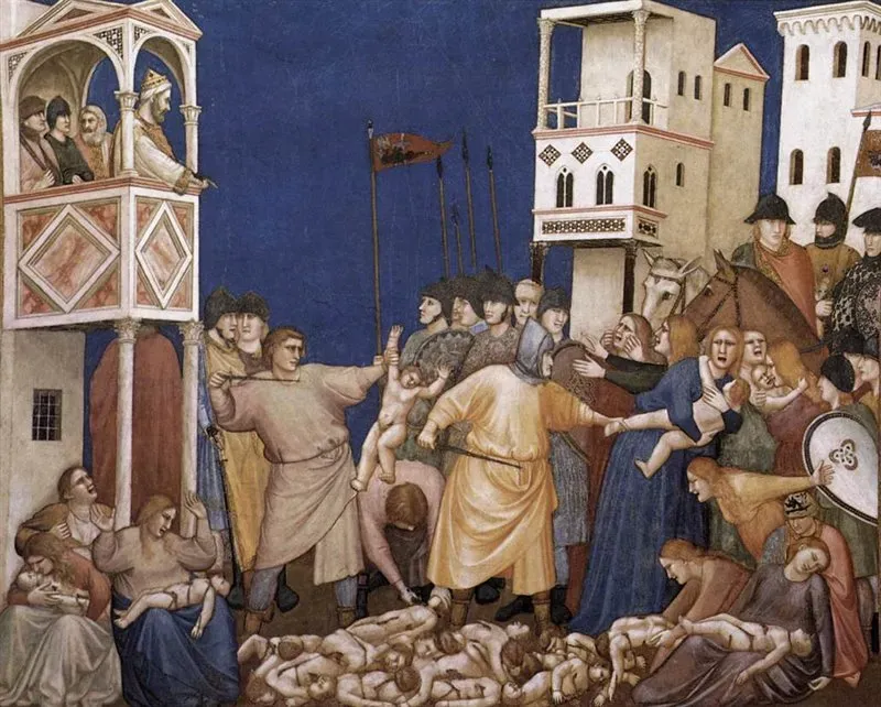 Pintura llamada Matanza de los Inocentes, representada por el pintor italiano Giotto di Bondone en la basílica de inferior de San Francisco de Asís, en la provincia de Umbría, Italia.