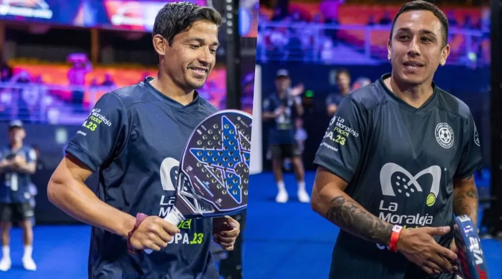 Matías Fernández y Fabián Orellana entran a la cancha para jugar una exhibición de pádel en el Pala Tour. | Foto: Instagram @pala_tour