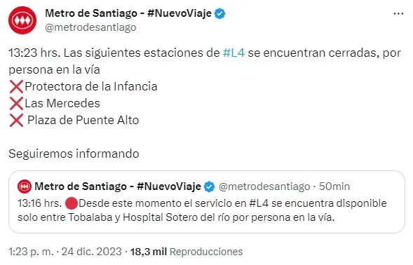 Metro reporta problemas en la Línea 4 a través de su cuenta de X (ex Twitter)