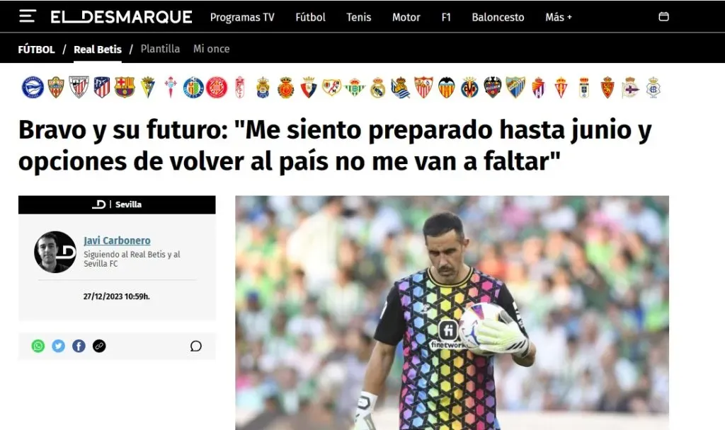 La publicación donde destacan las palabras de Claudio Bravo y su futuro en el fútbol.