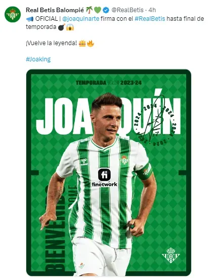 Así oficializó el Real Betis el “regreso” de Joaquín. | Foto: Captura.