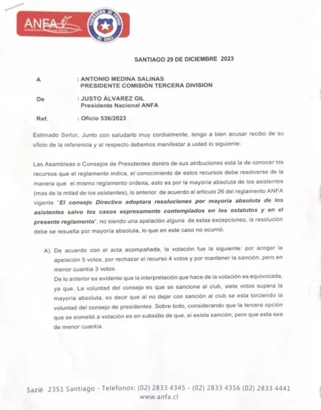 El documento de la ANFP que absuelve a Santiago City.