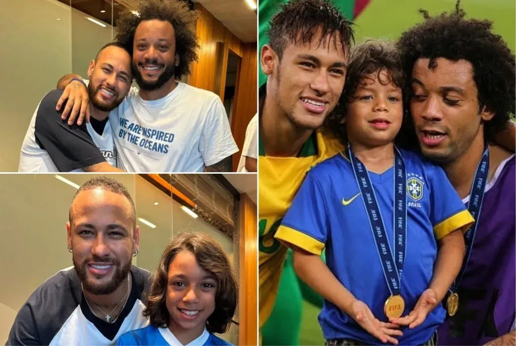 Marcelo y sus hijos con Neymar: a la izquierda Liam, a la derecha Enzo hace 10 años.