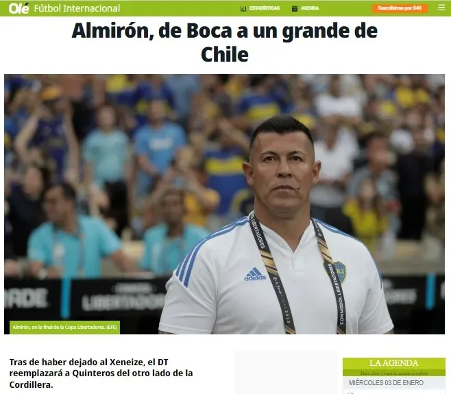 Así tituló Olé en su sitio web el arribo de Jorge Almirón a Colo Colo. | Foto: Captura.