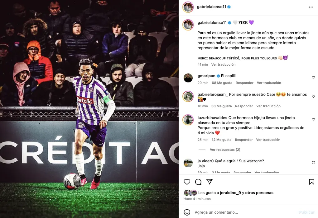 El mensaje de Gabriel Suazo tras ser capitán del Toulouse en Copa de Francia. Foto: Instagram.