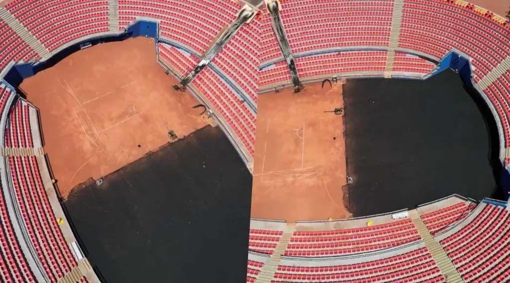 Así avanza la transformación de la cancha del Court Central Anita Lizana del Estadio Nacional. | Foto: Twitter Jorge Vidal (@JorgeVidalS23)