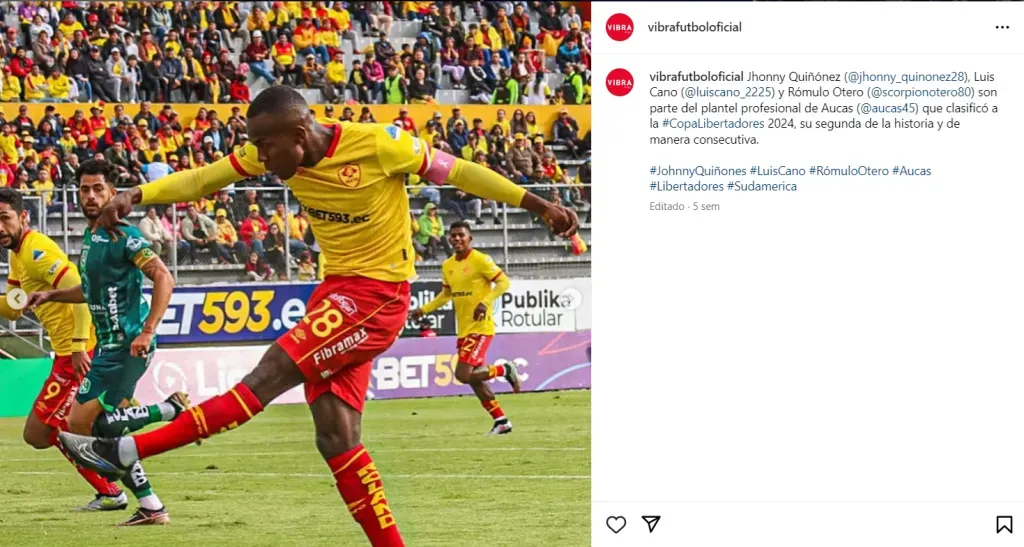 Vibra Fútbol informa del presente de Jhonny Quiñonez. (Captura Instagram).