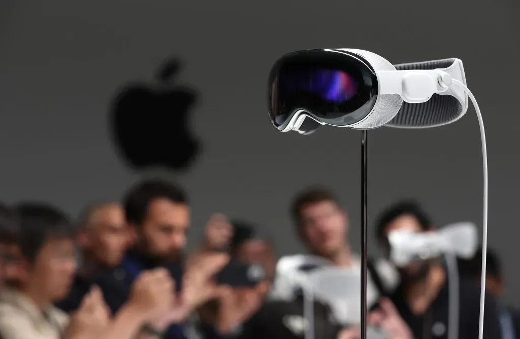 CUPERTINO, CALIFORNIA – JUNE 05: The new Apple Vision Pro headset is displayed during the Apple Worldwide Developers Conference on June 05, 2023 in Cupertino, California. Apple CEO Tim Cook kicked off the annual WWDC23 developer conference with the announcement of the new Apple Vision Pro mixed reality headset. (Photo by Justin Sullivan/Getty Images)