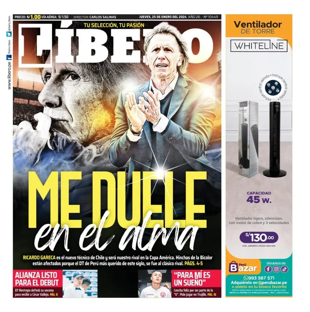 La portada el día que se confirmó a Gareca como nuevo entrenador de la Roja.