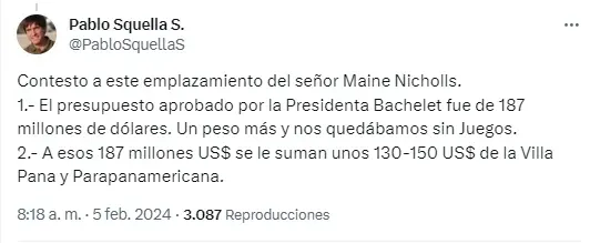 La respuestas en Twitter de Pablo Squella por su gestión previa Santiago 2023. | Foto: Captura.