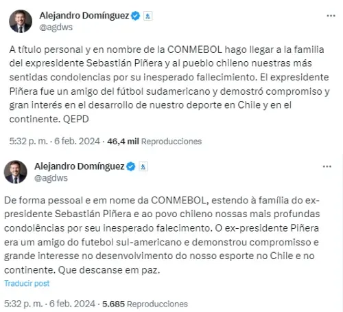 El mensaje en español y portugués de Alejandro Domínguez en honor a Sebastián Piñera. | Foto: Captura.