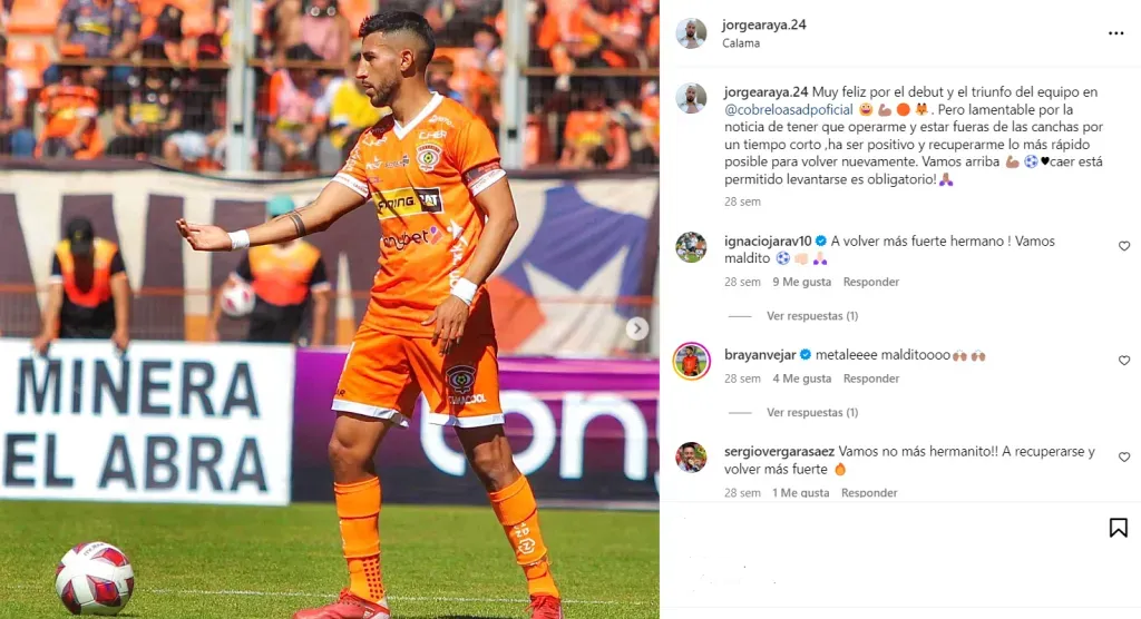 Jorge Araya compartió este post tras su debut en Cobreloa. (Captura Instagram).